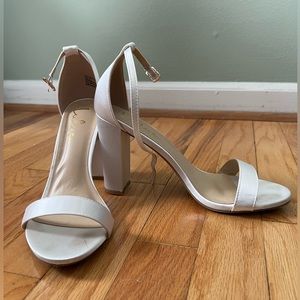 Ivory Satin Ankle Strap Heels, Lulu’s Size 8.5